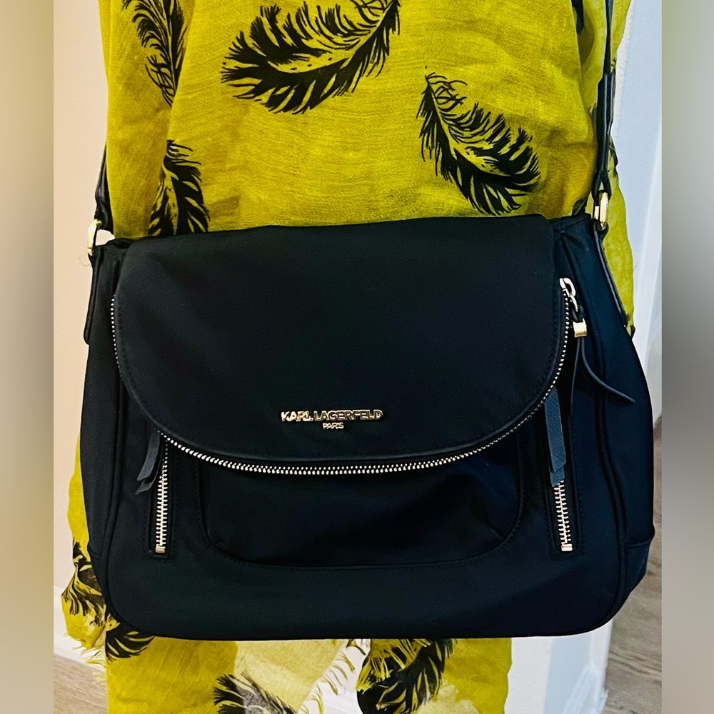 Karl Lagerfeld Black Cara Messenger Bag w/ Gold Details